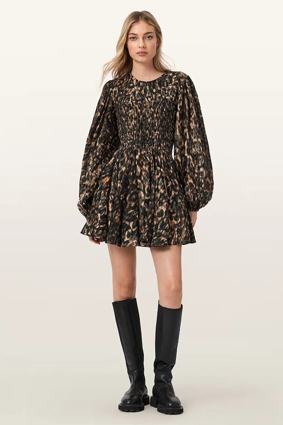 Odzież AllSaints sukienka rozkloszowana bawełniana CHIA W014DE brązowy
