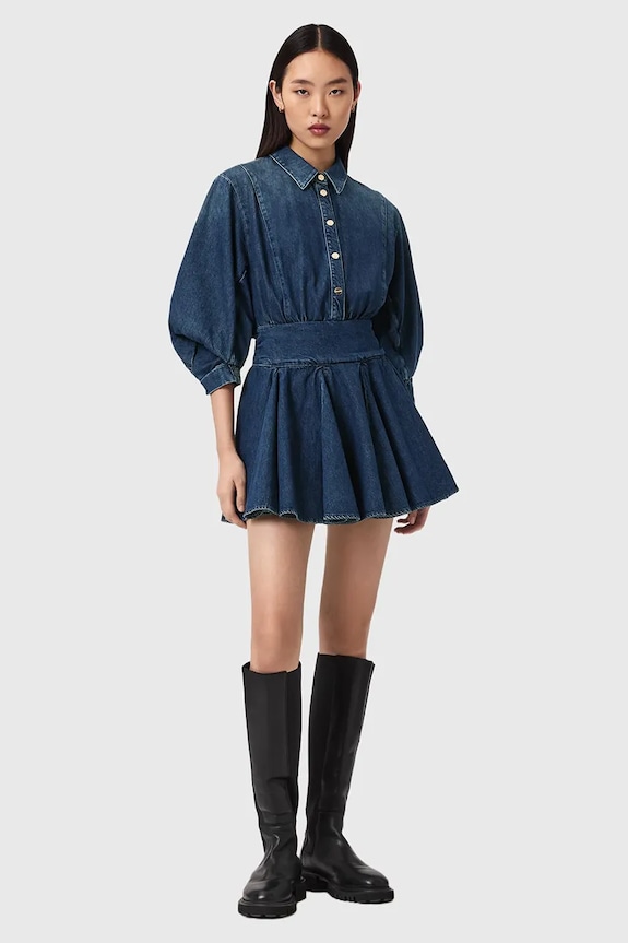 AllSaints šaty s rozšíreným strihom rifľové ARLO modrá W015DE