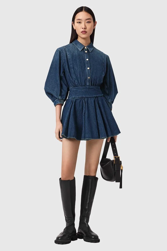 Oblečenie AllSaints šaty s rozšíreným strihom rifľové ARLO W015DE modrá