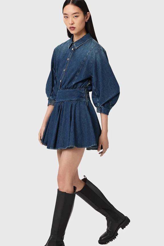 AllSaints šaty s rozšíreným strihom rifľové ARLO W015DE modrá