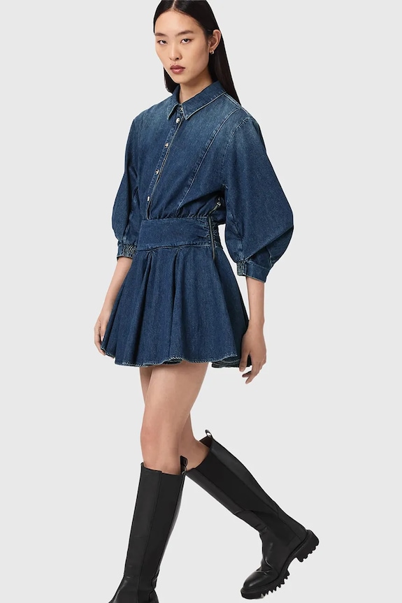 AllSaints šaty s rozšíreným strihom rifľové ARLO W015DE modrá