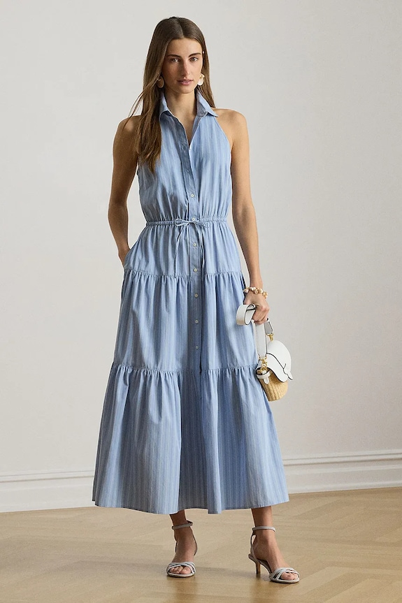 Lauren Ralph Lauren rochie tip cămașă din bumbac albastru 200P08958