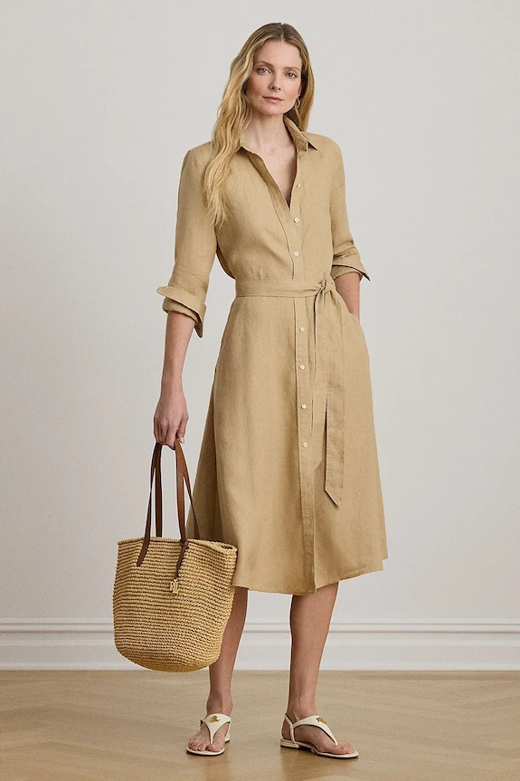 Lauren Ralph Lauren rochie tip cămașă din in bej 200P13686