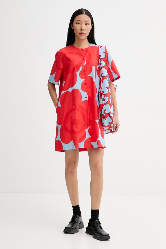 Marimekko Košeľové šaty bavlnené 095217 červená SS26