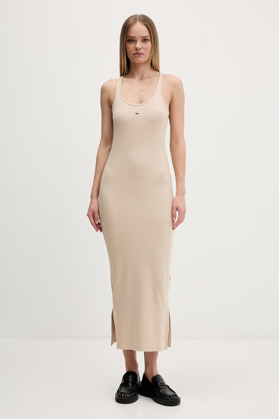 Tommy Jeans rochie din bumbac cu elastan bej DW0DW22329