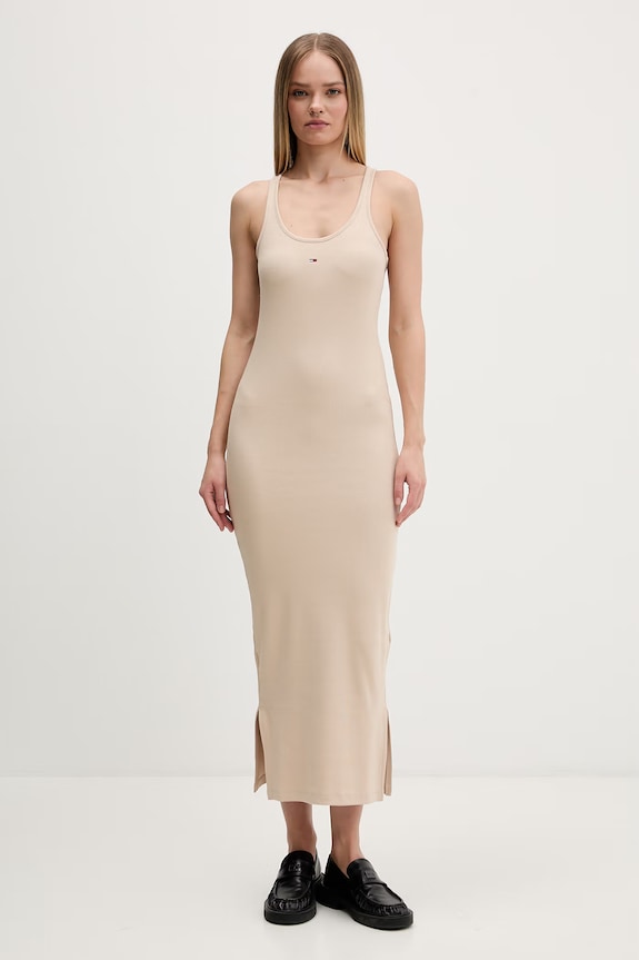 Tommy Jeans rochie din bumbac cu elastan bej DW0DW22329