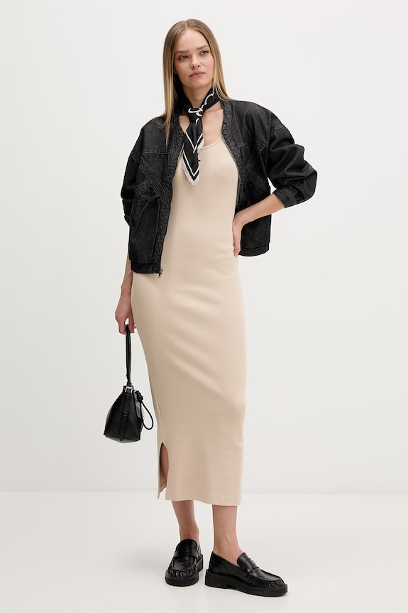 Tommy Jeans rochie din bumbac cu elastan DW0DW22329 bej SS26