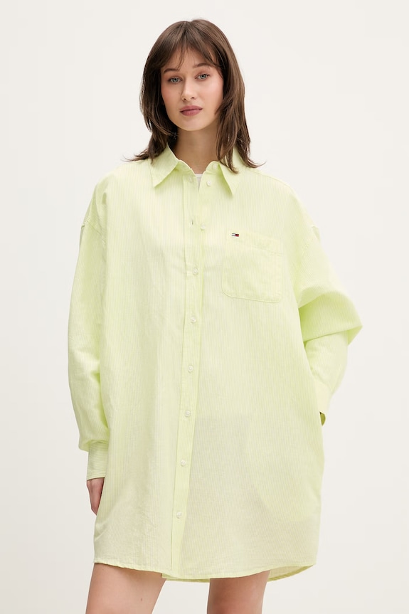 Tommy Jeans košeľové šaty s ľanom zelená DW0DW22344