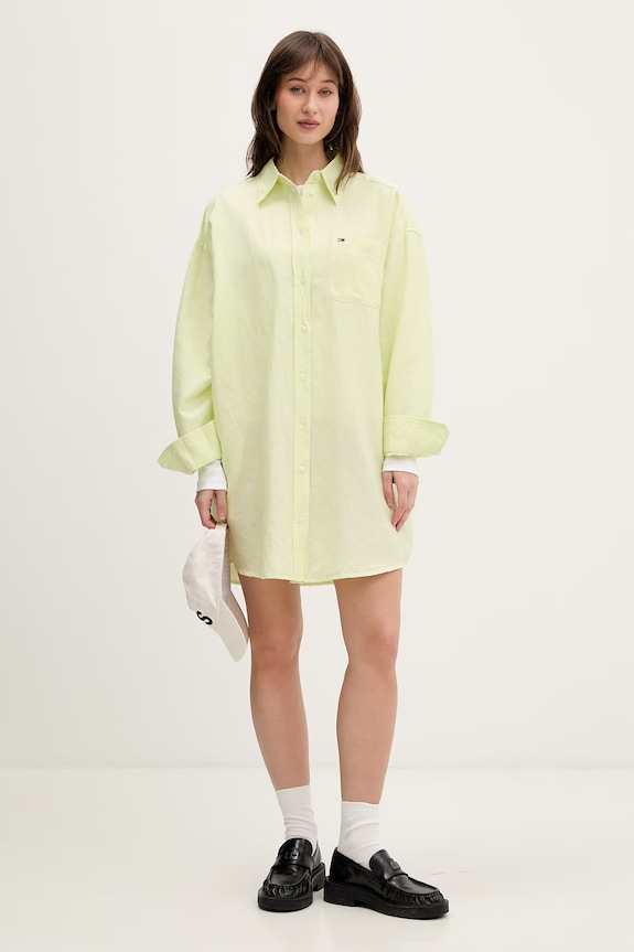 Tommy Jeans košeľové šaty s ľanom DW0DW22344 zelená SS26