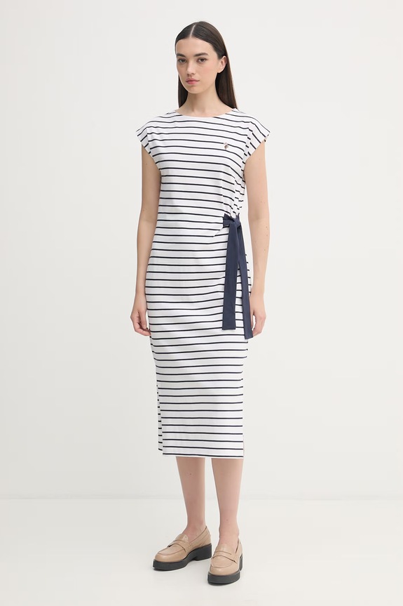 U.S. Polo Assn. vestito in cotone GROWN ON SLEEVE TIE-DETAIL STRIPE MIDI bianco WUP2262