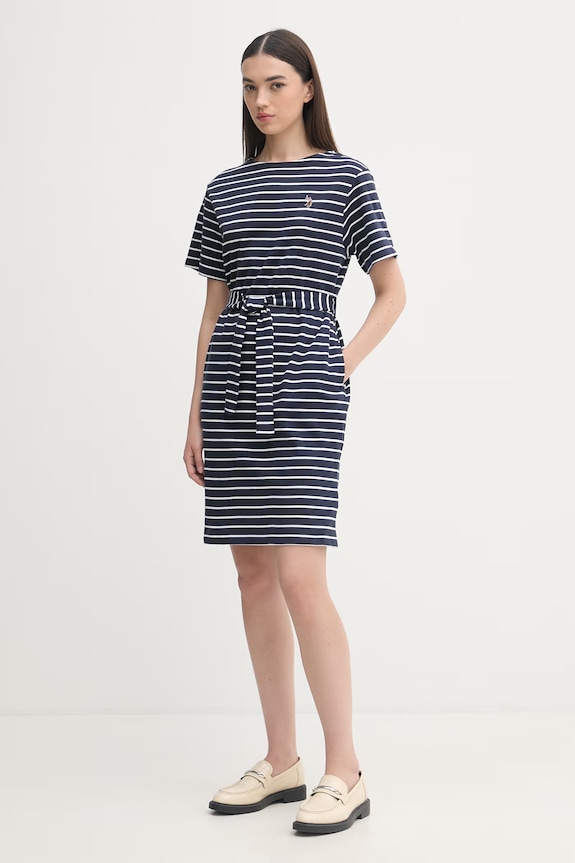 U.S. Polo Assn. rochie bumbac BOAT NECK BOXY SLEEVE STRIPE MIDI WUP2263 bleumarin SS26