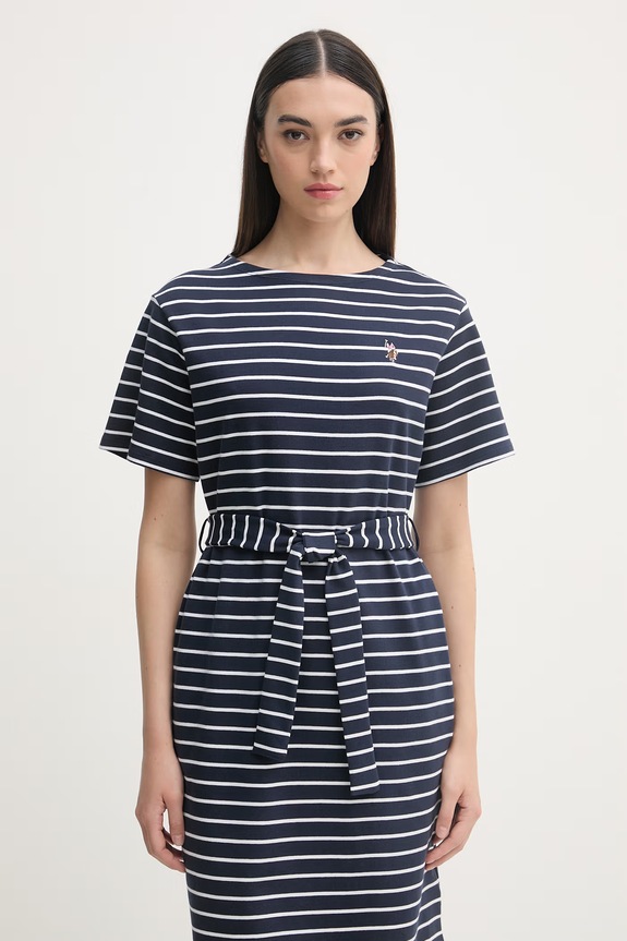 U.S. Polo Assn. rochie bumbac BOAT NECK BOXY SLEEVE STRIPE MIDI bleumarin WUP2263