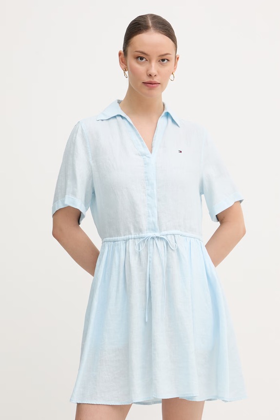 Tommy Hilfiger letné šaty ľanové modrá WW0WW48950