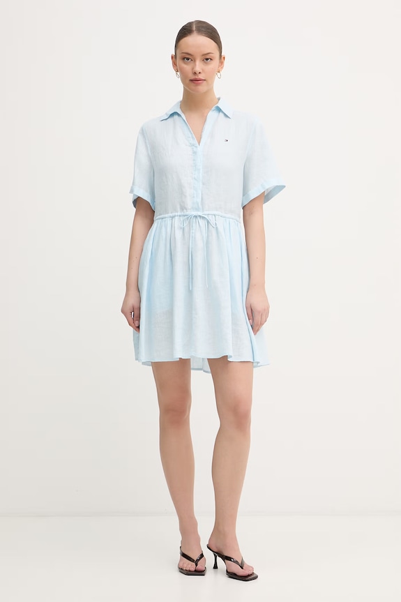 Tommy Hilfiger letné šaty ľanové WW0WW48950 modrá SS26
