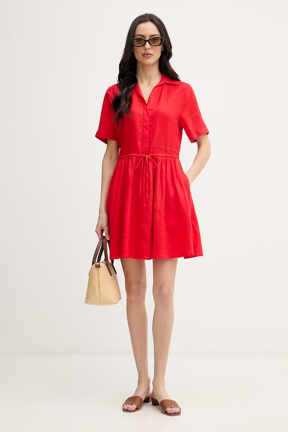 Tommy Hilfiger letné šaty ľanové WW0WW48950 červená SS26