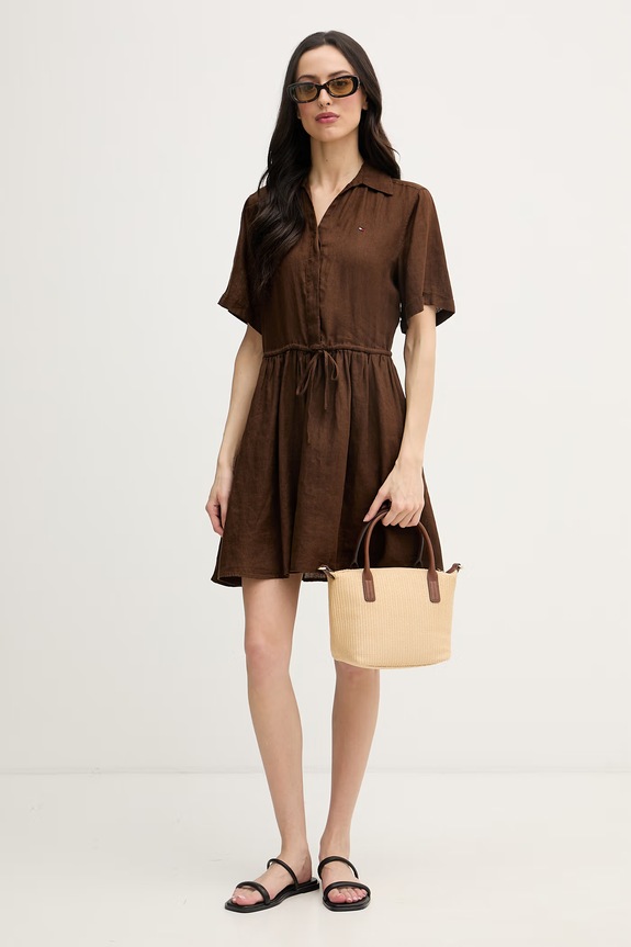 Tommy Hilfiger letné šaty ľanové WW0WW48950 hnedá SS26
