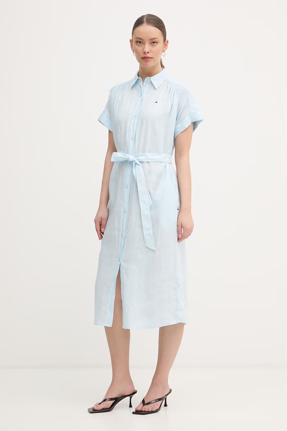 Tommy Hilfiger letné šaty ľanové WW0WW49641 modrá SS26