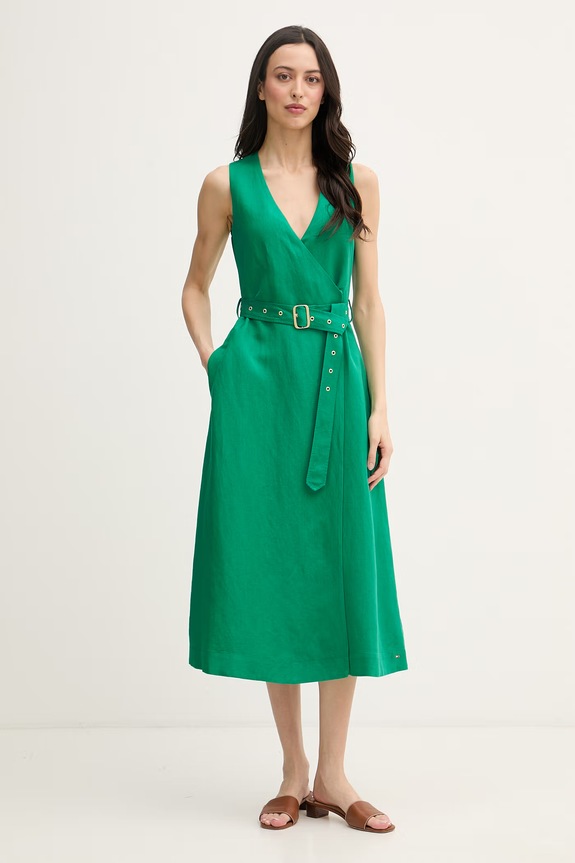 Tommy Hilfiger šaty s ľanom zelená WW0WW48951