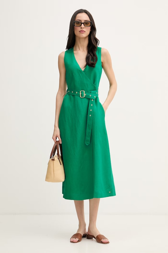 Tommy Hilfiger šaty s ľanom WW0WW48951 zelená SS26