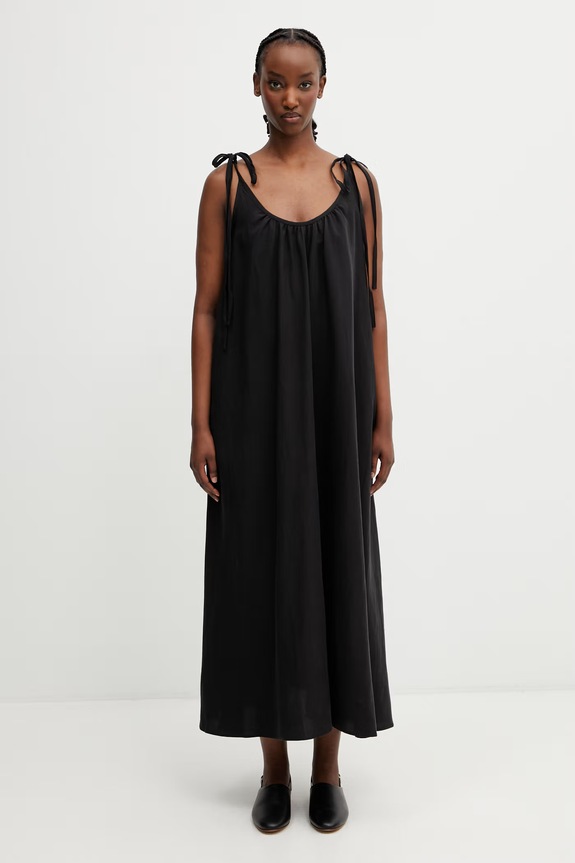 Anine Bing FLORA DRESS sukienka gładka z dodatkiem lnu czarny A.02.12165.BLK26