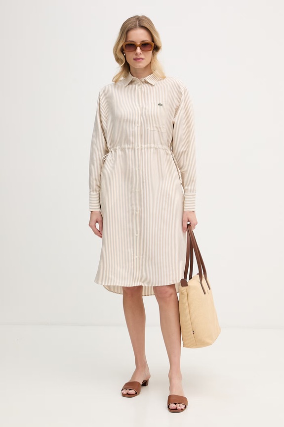 Lacoste sukienka koszulowa z lnem EF7604 beżowy SS26