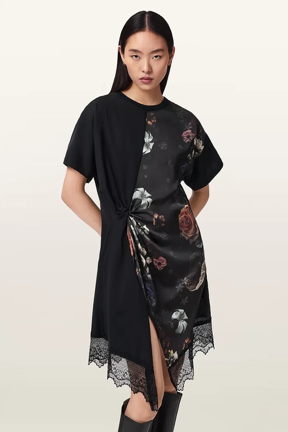 AllSaints sukienka asymetryczna LANA LACE czarny W216DE