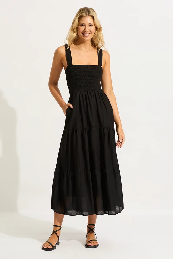 Seafolly rochie din bumbac Faithful Midi Dress negru 54865.DR