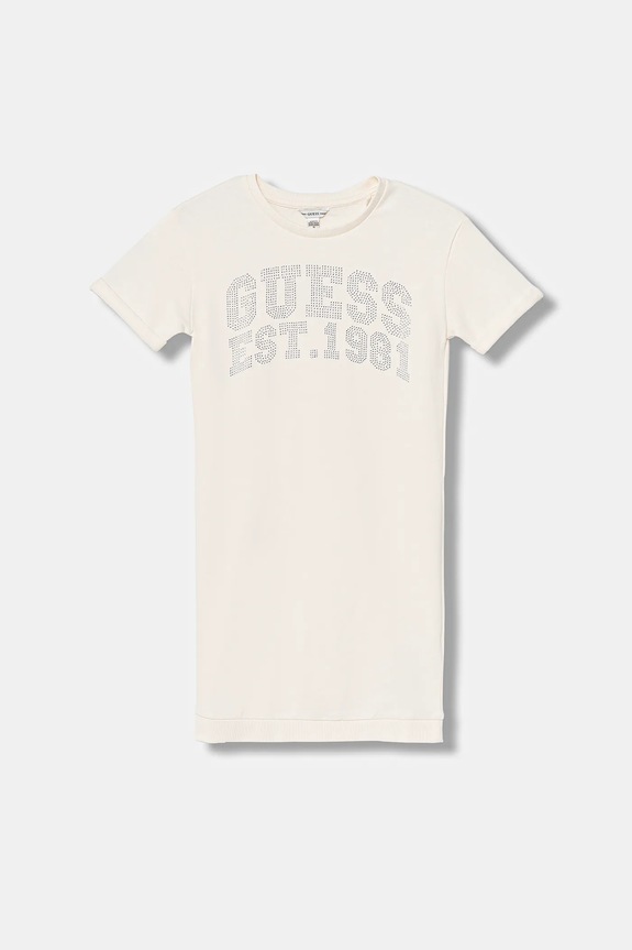 Παιδικό βαμβακερό φόρεμα Guess απλικέ μπεζ J6RK00.KA6R4.PPY2