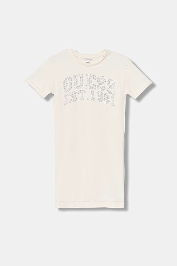 Παιδικό βαμβακερό φόρεμα Guess απλικέ μπεζ J6RK00.KA6R4.PPY2
