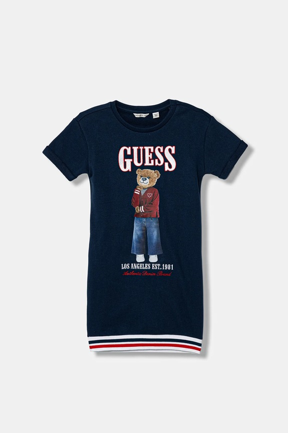 Παιδικό βαμβακερό φόρεμα Guess στάμπα σκούρο μπλε J6RK11.KAD74.PPY2