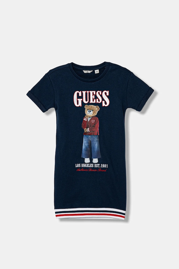 Παιδικό βαμβακερό φόρεμα Guess στάμπα σκούρο μπλε J6RK11.KAD74.PPY2