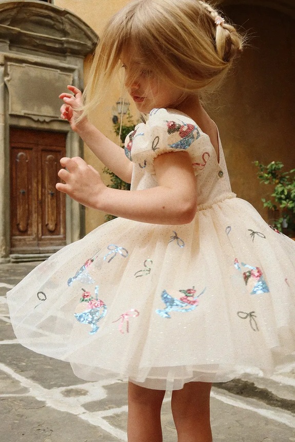 Παιδικό φόρεμα Konges Sløjd YVONNE PUFF DRESS στρογγυλό μπεζ KS105138.PPY2