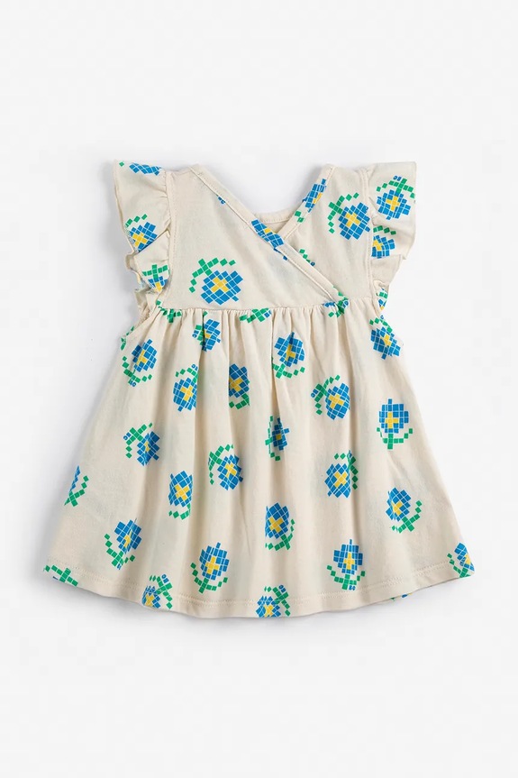 Fete Bobo Choses rochie din bumbac pentru bebeluși Pixel Flowers 126AB088 alb