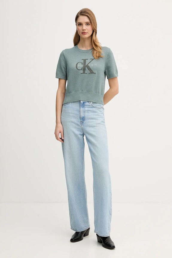 Bavlněné tričko Calvin Klein Jeans LV044E306G tyrkysová SS26