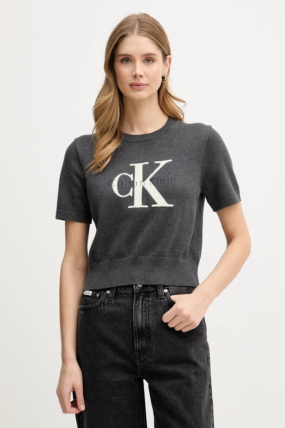 Calvin Klein Jeans t-shirt in cotone applique grigio LV044E306G