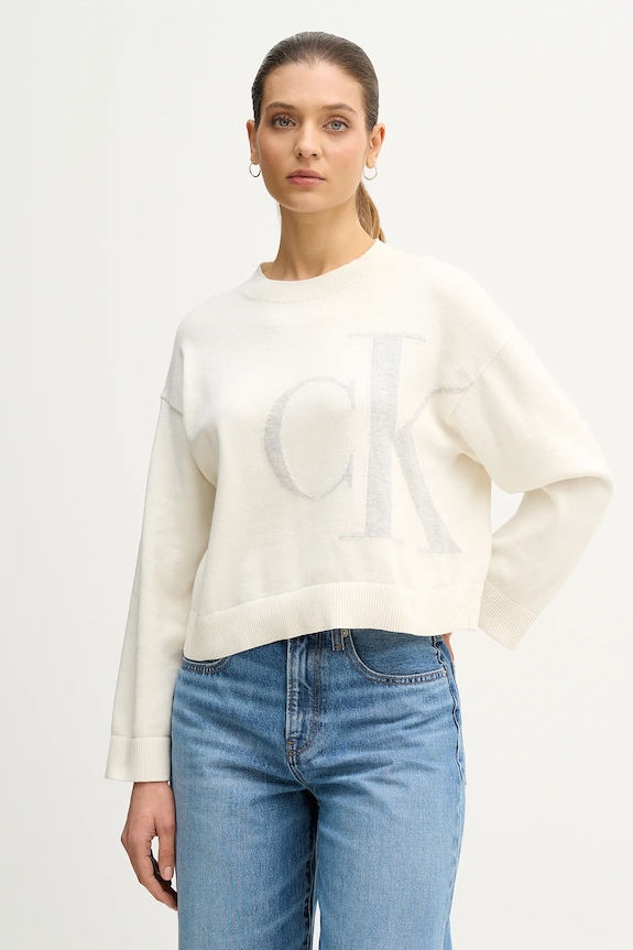 Bombažen pulover Calvin Klein Jeans Srednje debeline bež LV047E304G