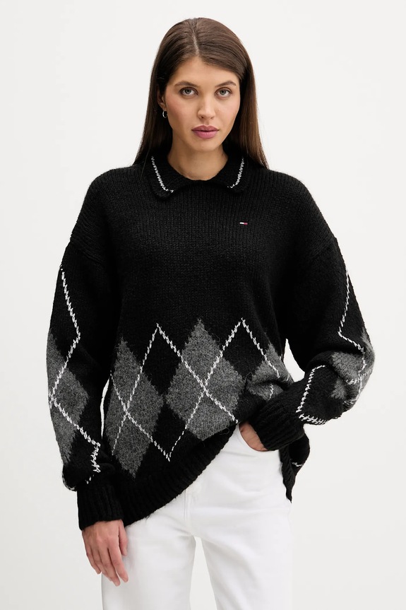 Tommy Jeans pulover din amestec de alpaca grosime medie negru DW0DW22559
