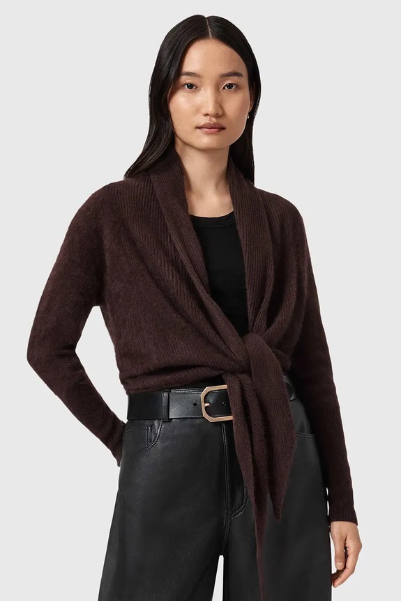 Kašmírový kardigan AllSaints vlna hnědá W091KD