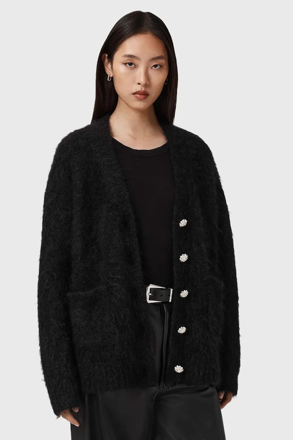 AllSaints gyapjú kardigán sima fekete W077KD
