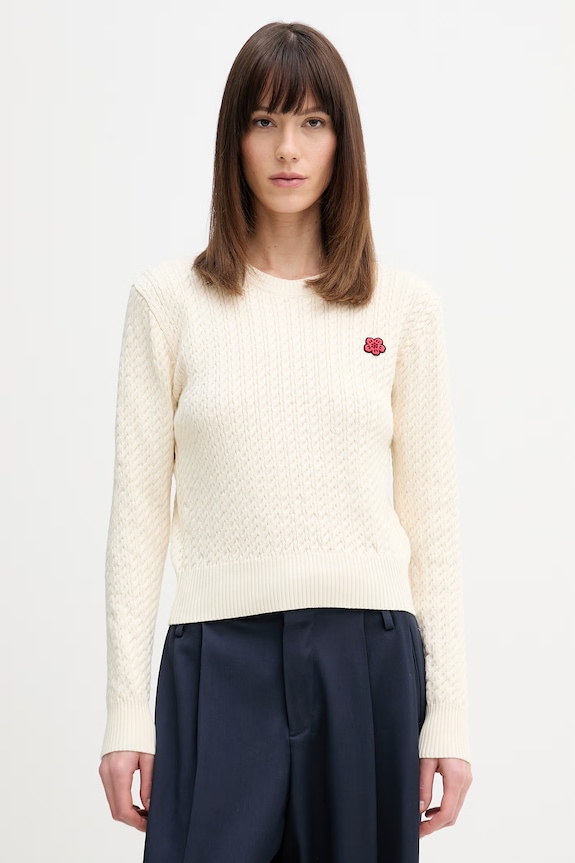 Kenzo sweter z dodatkiem wełny okrągły beżowy FG52PU7363LK