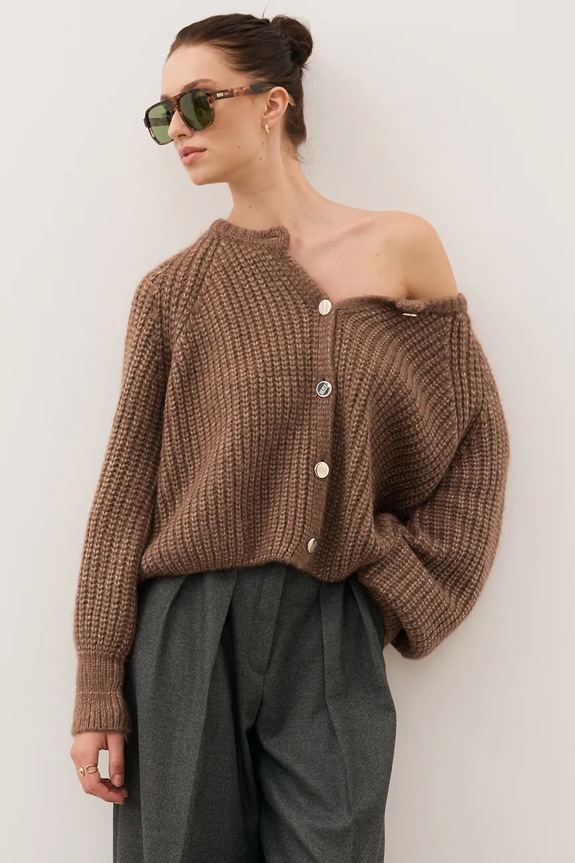 Bizuu cardigan din amestec de lână ORNAMY fixat maro ORNAMY.BRAZOWY