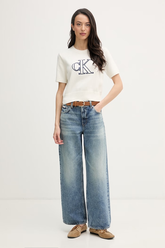 Calvin Klein Jeans úpletové tričko dámske bavlnené LV047F356G béžová SS26