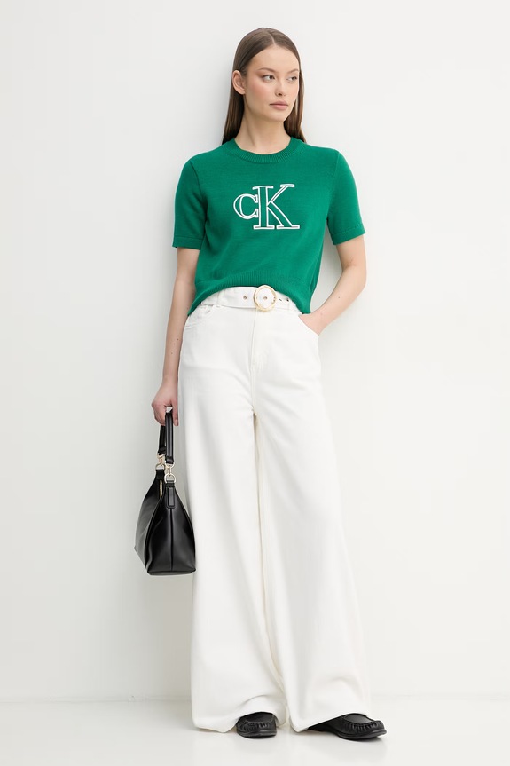 Calvin Klein Jeans úpletové tričko dámske bavlnené LV047F356G zelená SS26