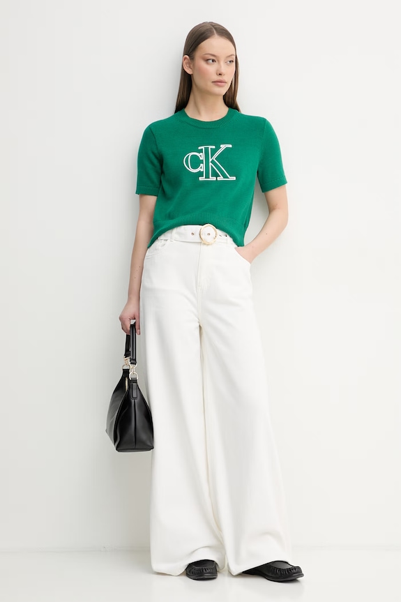 Calvin Klein Jeans úpletové tričko dámske bavlnené LV047F356G zelená SS26