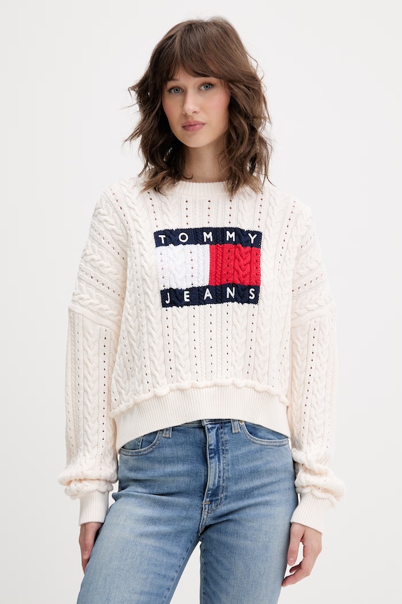 Tommy Jeans πουλόβερ γυναικείο βαμβακερό μπεζ DW0DW22317
