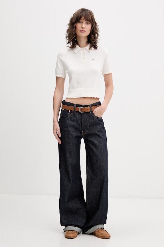 Tommy Jeans πλεκτό μπλουζάκι πόλο γυναικείο βαμβακερό DW0DW22597 μπεζ SS26