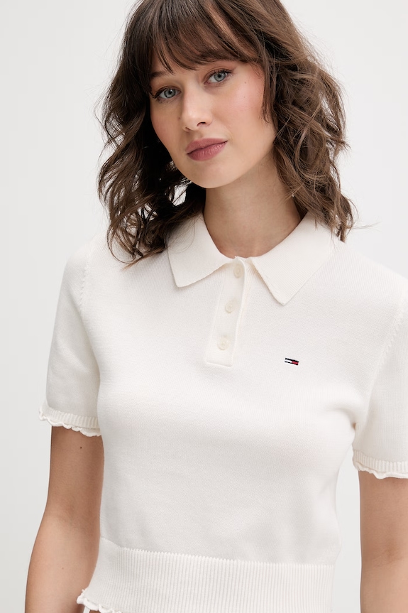 Tommy Jeans πλεκτό μπλουζάκι πόλο γυναικείο βαμβακερό μπεζ DW0DW22597