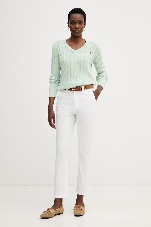 U.S. Polo Assn. sweter damski bawełniany V-NECK CABLE WUP0397 zielony SS26