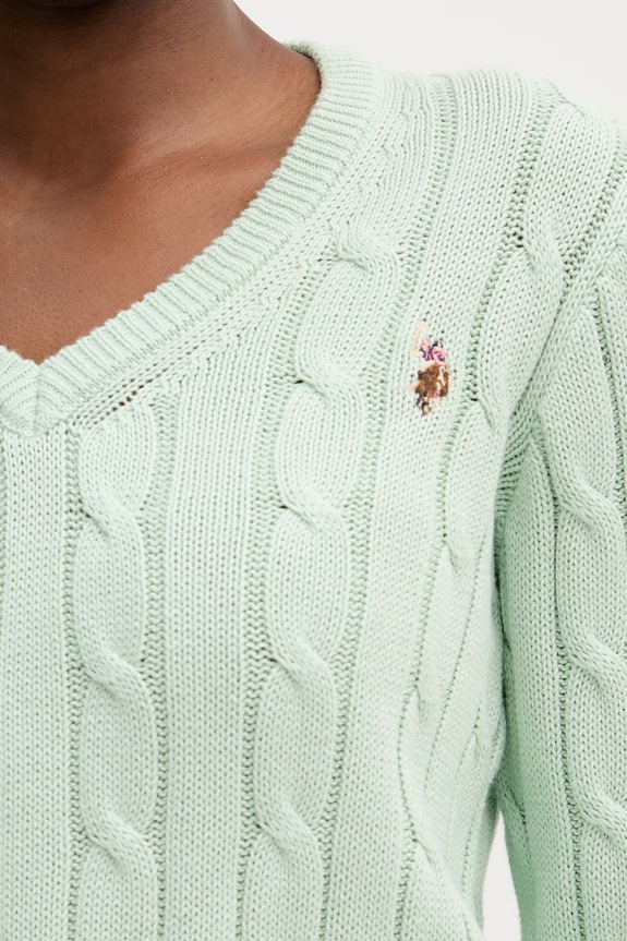 U.S. Polo Assn. sweter damski bawełniany V-NECK CABLE WUP0397 zielony