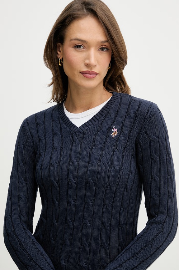 Bavlněný svetr U.S. Polo Assn. V-NECK CABLE námořnická modř WUP0397